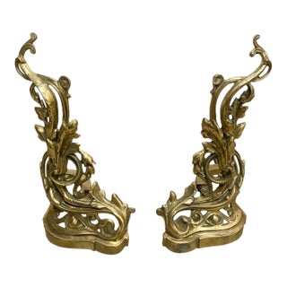Pair of Vintage French Rococo With Leaf Solid Brass Ornate Fireplace Andirons For Sale