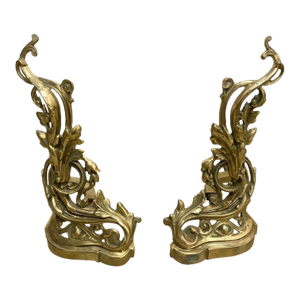 Pair of Vintage French Rococo With Leaf Solid Brass Ornate Fireplace Andirons