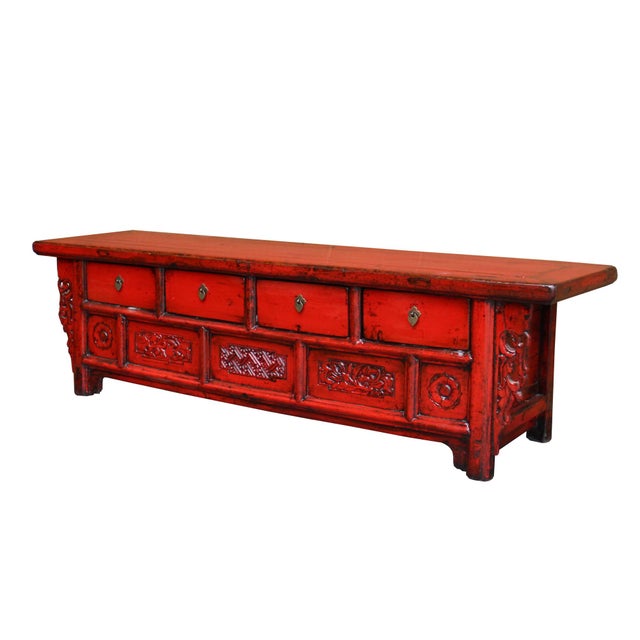 Chinese Distressed Red Lacquer Low Long Tv Console Chairish