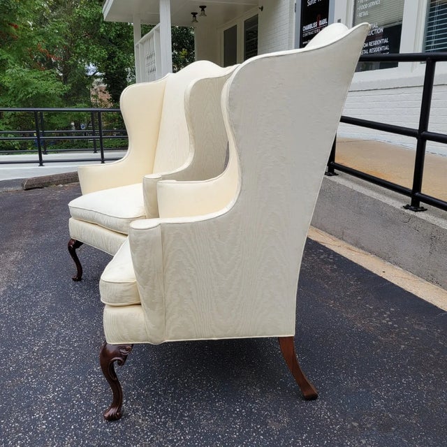 Southwood & Co. Pair of Southwood Queen Anne Wingback Chairs in Ivory Damask For Sale - Image 4 of 15
