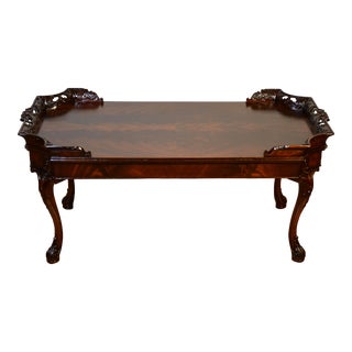 1940s Chippendale Carved Mahogany & Crotch Mahogany Top Coffee Table For Sale