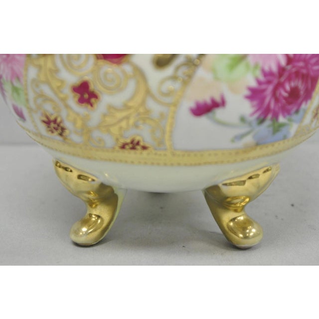 Ceramic Antique Nippon Moriage Porcelain Twin Handle Ball Vase W/ Hand Painted Roses For Sale - Image 7 of 14