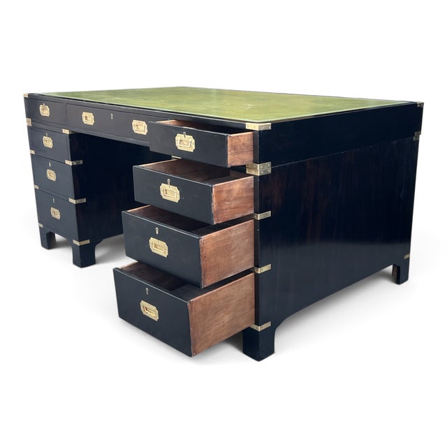Ebony Antique British Campaign Style Executive Desk With Green Leather Writing Top For Sale - Image 8 of 15