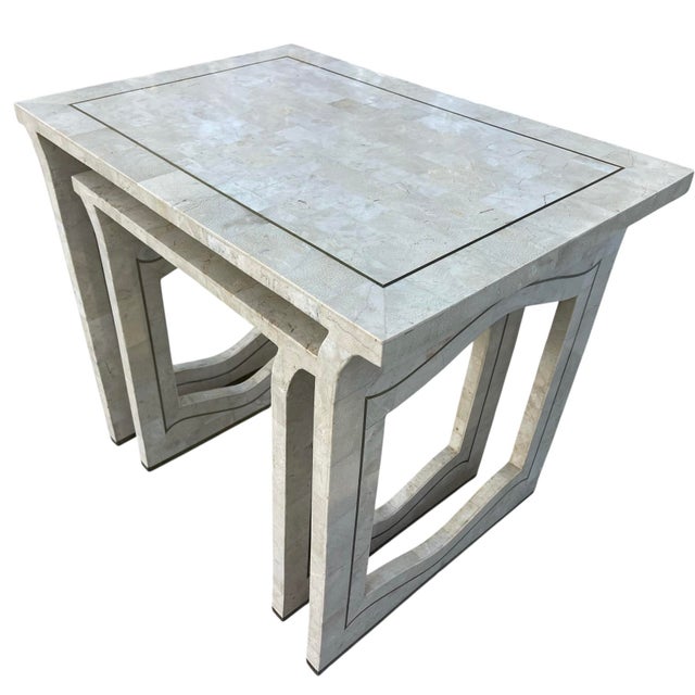 Postmodern Marble Veneer & Brass Inlay Waterfall Nesting Tables, a Set of 2 | Hollywood Regency For Sale - Image 3 of 12