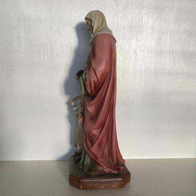 Chalkware figure of Santa Ana with Child. Stamped mark on back El Arte Christiano Julio Dubois Guatemala.