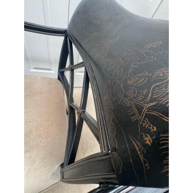 Chinoiserie Late 20th Century Pair of Regency-Style Chinoiserie Ebonized Armchairs With Hand-Painted Scenic Decoration, Upholstered in Kravet Versailles Velvet For Sale - Image 3 of 11