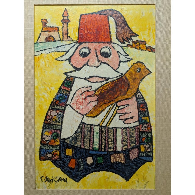 Folk Art Jovan Obican "Man Holding Bird" c.1965 Folk Art Painting For Sale - Image 3 of 3