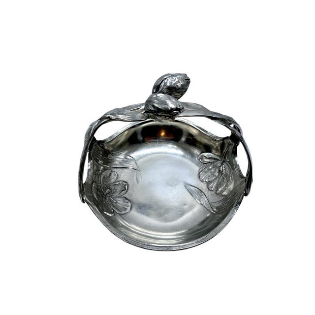 Art Nouveau Antique Art Nouveau Pewter Tulip Basket Floral Embossed Design Decorative Handle For Sale - Image 3 of 8