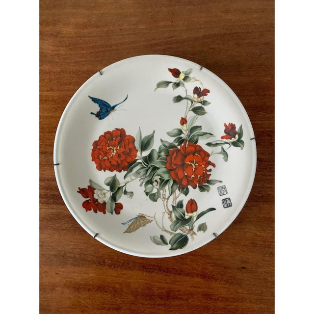 Orange Early 20th Century Chinoiserie Floral and Butterfly Wall Plates, Pair For Sale - Image 8 of 14