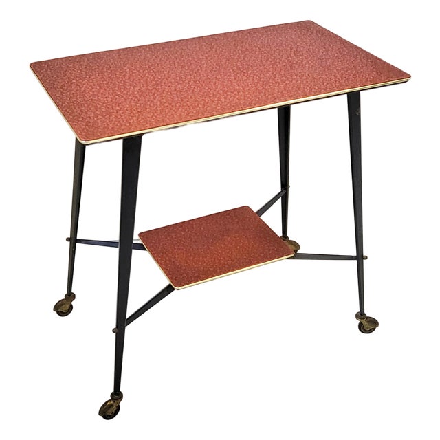 Vintage Rolling Serving Table in Tapered Steel and Faux Leather, 1960s For Sale