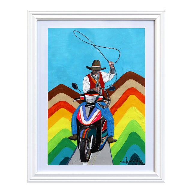 Urban Cowboy #2 - Colorful Rainbow Quirky Figurative Mixed Media Original Artwork by Fabio Coruzzi For Sale