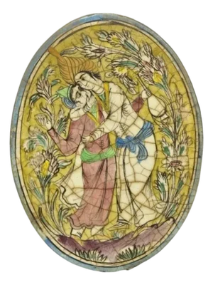 Antique Persian Iznik Qajar Style Ceramic Pottery Oval Tile Hugging Couple C3