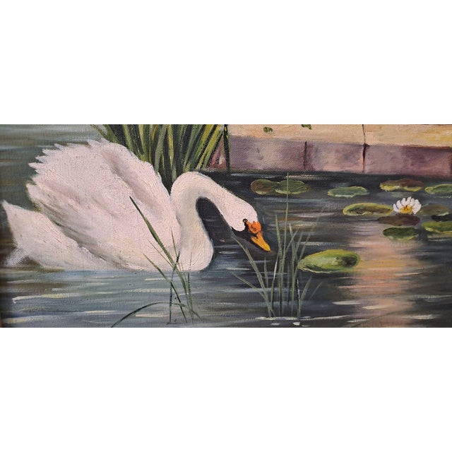 Romantic Scene with Lady and Swans on the River, Early 20th Century, Oil Painting on Canvas, Framed For Sale - Image 3 of 11
