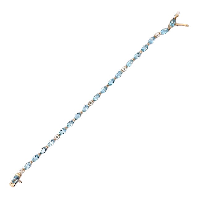 Aquamarine Diamond 14k Yellow Gold Tennis Bracelet For Sale