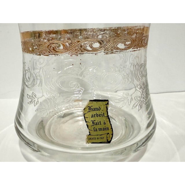 Glass Italy Decanter Glass 1960s W/ Stopper & Sticker Gold Trim Etched Floral Pattern For Sale - Image 7 of 10