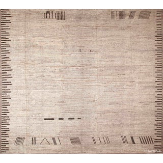 Large Size Square Shape Modern Neutral Ivory Tribal Geometric Minimalist Rug For Sale