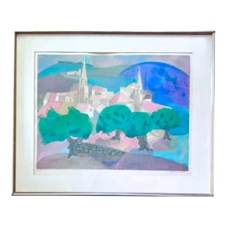 Original Mid Century Georges Lambert Lithograph, Landscape - Village Provencal, Signed and Numbered For Sale