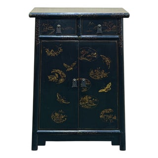 Distressed Black Golden Floral Graphic Tall Side End Table Cabinet For Sale