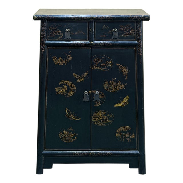 Distressed Black Golden Floral Graphic Tall Side End Table Cabinet For Sale