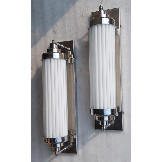 Metal Vintage Art Deco Skyscraper Wall Sconces Fixture in Nickel Brass & Milk Glass - a Pair For Sale - Image 7 of 7