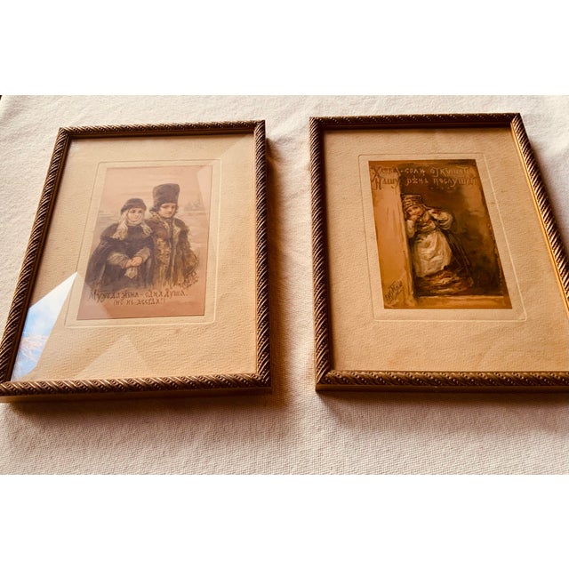 Boho Chic Antique Folk Art Print Pair, Giltwood Frames, c.1890 For Sale - Image 3 of 9