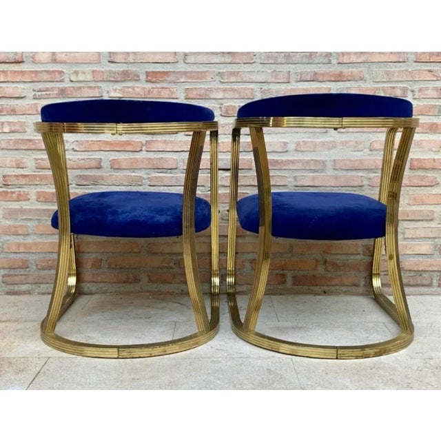 Metal Set of Mid-Century French Gold Brass Armchairs with Blue Velvet Upholstery, 1940s For Sale - Image 7 of 12