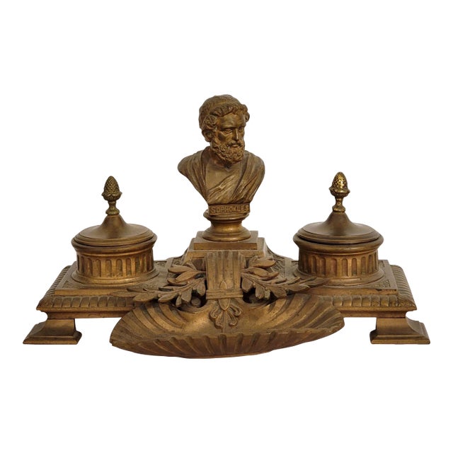 19th Century French Neo-Classical Style Gilt Bronze Desk Inkwell For Sale