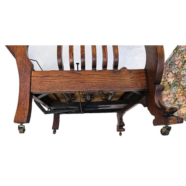 Antique Arts & Crafts Tiger Oak Morris Recliner Chair With Push Button Mechanism c.1900 For Sale - Image 16 of 18