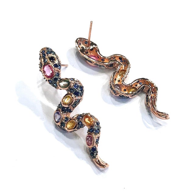 Bochic “Orient” Vintage Ruby & Sapphire Serpent Earrings Set 18K Gold & Silver For Sale In New York - Image 6 of 9