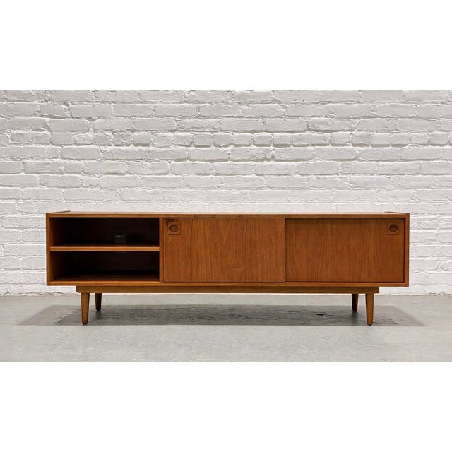 Contemporary Modern Walnut Credenza / Media Console | Minimalist Sliding Door Sideboard For Sale - Image 3 of 11