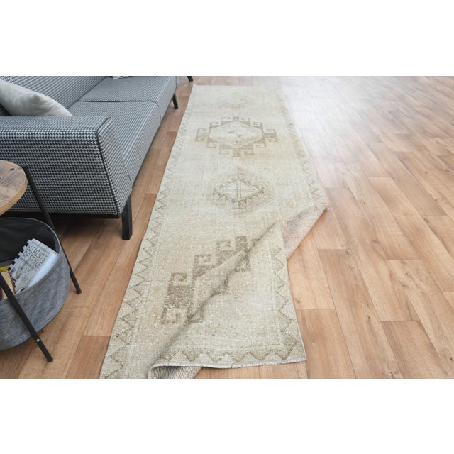1970s Vintage Handmade Wool Cotton Beige Runner Rug For Sale - Image 10 of 11