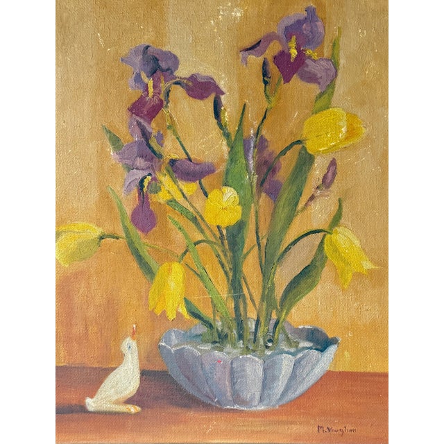 Yellow Early 20th Century Art Deco Still Life of Irises and Tulips With Bird, Oil on Board, Framed For Sale - Image 8 of 13