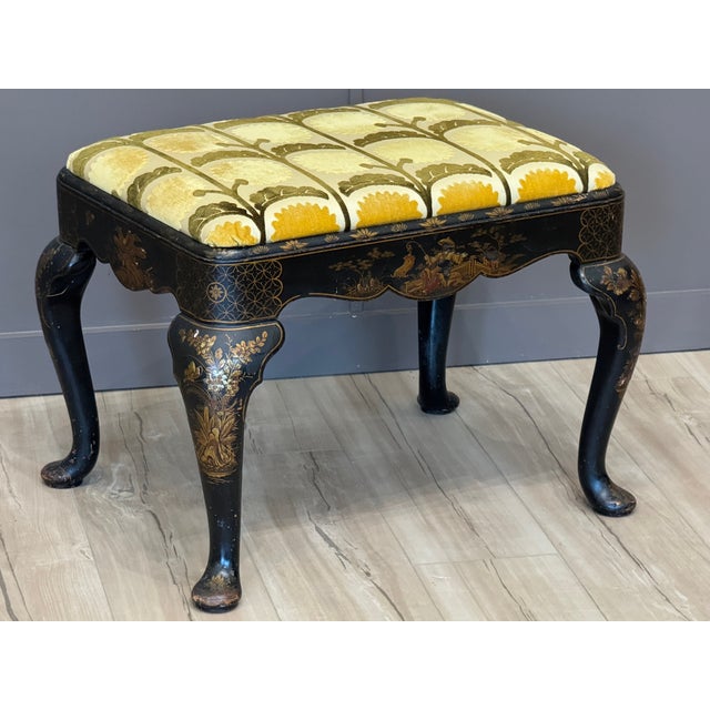 Queen Anne Early 19th Century English Chinoiserie Decorated Footstool With Queen Anne Legs For Sale - Image 3 of 9