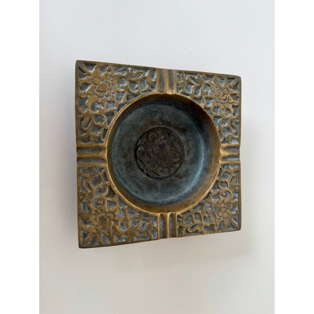 Hollywood Regency Vintage Solid Brass Floral Relief Square Ashtray For Sale - Image 3 of 8