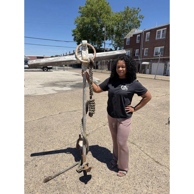 Antique English Victorian Maritime Cast Iron Large Boat Ship's Anchor with Wood and Rope. Item weighs approx 125 lbs....