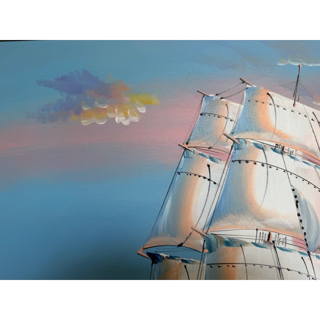 2010s Original Marine Oil Painting Tall Ship on Open Sea Nautical Seascape Gold Frame For Sale - Image 5 of 11