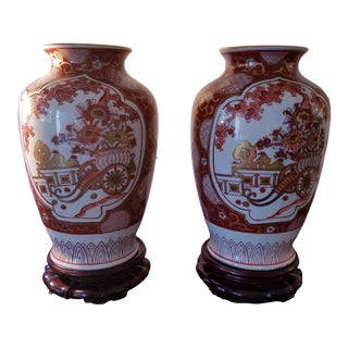 Pair of 1960s Gold Imari-Hand Painted Vases For Sale