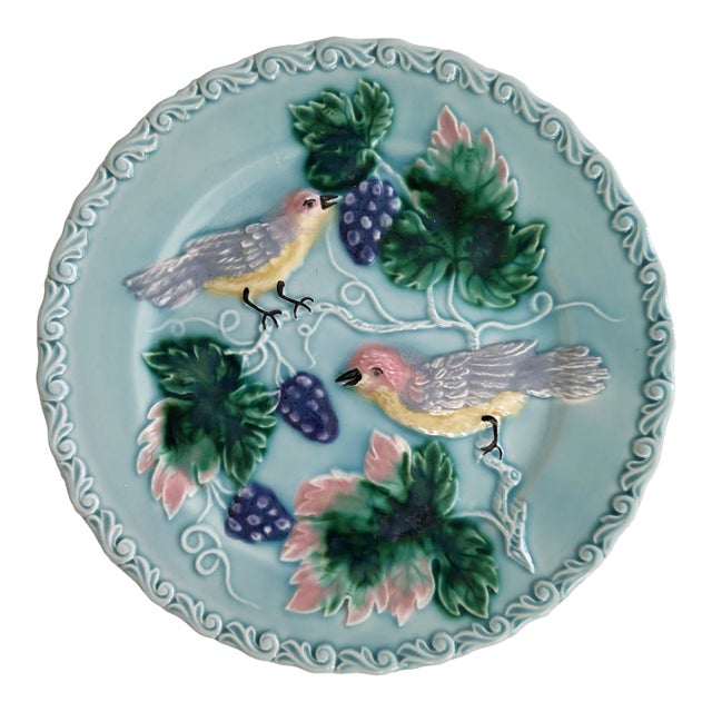 1910-1920s German Majolica Birds Plate in Tiffany Blue For Sale