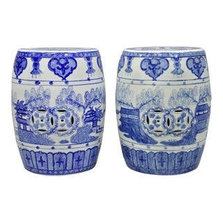 Vintage Chinese Oriental Blue & White Porcelain Garden Drum Seat Table - A Pair For Sale