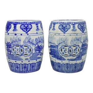 Vintage Chinese Oriental Blue & White Porcelain Garden Drum Seat Table - A Pair