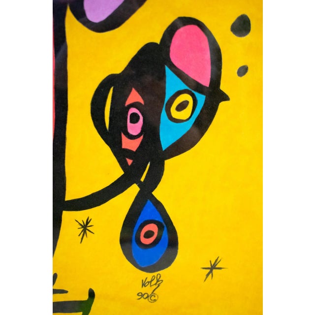 Yellow 1990 Lawrence Volk Signed Abstract Figurative Mixed-Media Painting , Framed For Sale - Image 8 of 12