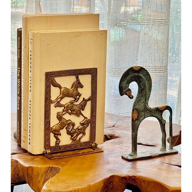 Brass Vintage Chinoiserie Brass Horse Bookends With a Cut-Out Design of Galloping Horses Surrounded by a Greek Key Border-a Pair For Sale - Image 8 of 12