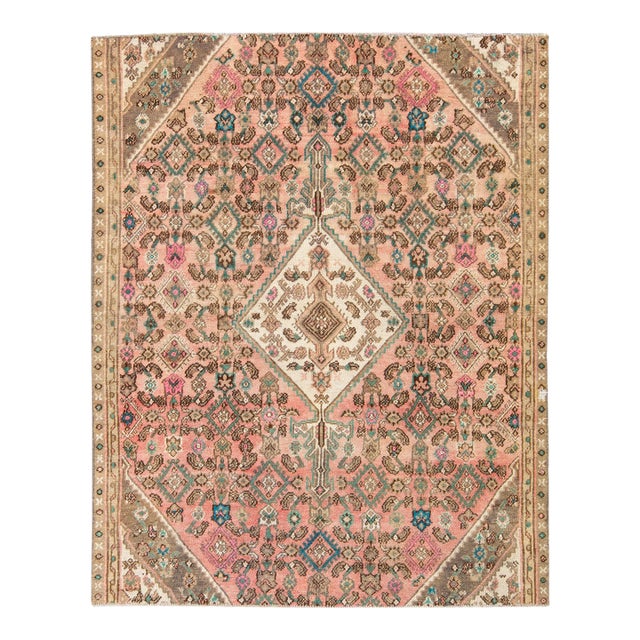 1960s Vintage Persian Distressed Handmade Medallion Peach Wool Rug For Sale