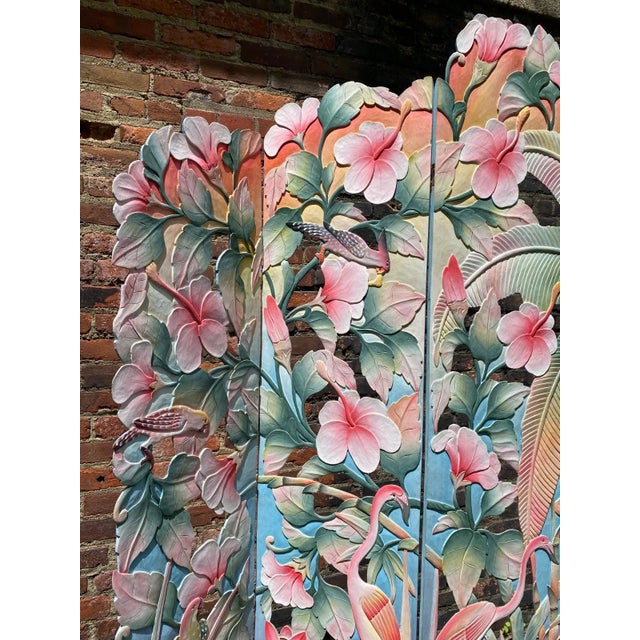 Original 1950s MCM Hand Painted Flamingo Tropical 5 Panel Carved Wood Room Divider For Sale - Image 4 of 14