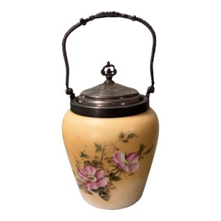 Antique Victorian Floral Decorated Art Glass Biscuit Jar With Silverplate Top For Sale