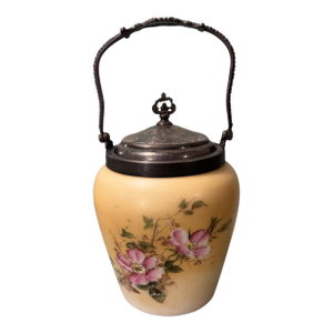 Antique Victorian Floral Decorated Art Glass Biscuit Jar With Silverplate Top