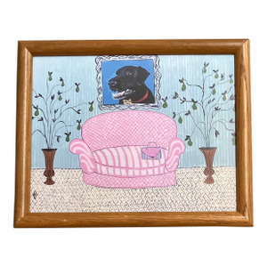 Contemporary Original Judy Henn Black Lab in Interior Dog Print Vintage Oak Frame