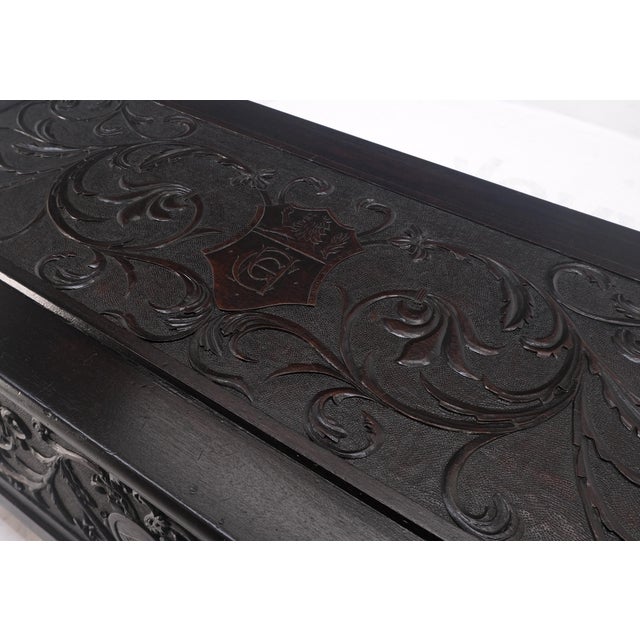 Very Fine Carved Ebonized Mahogany Trunk Hope Chest Dated 1903 Super Clean For Sale - Image 6 of 12