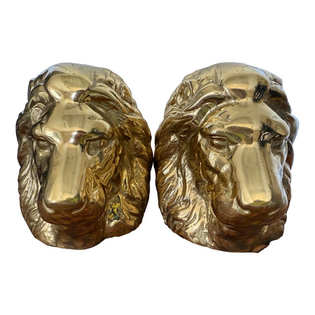 1990s Solid Brass Lion Head Bookends- a Pair For Sale