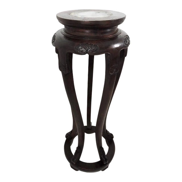 Tall Antique Chinese Rosewood Pedestal or Display Stand With Grey White Marble Top For Sale